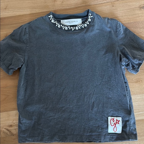 Golden Goose Gray Short Sleeve Tee with Jeweled Neckline - Picture 1 of 6